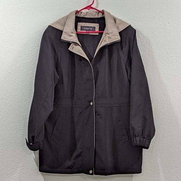 Liz Claiborne Black & Beige Lined Raincoat w/Removable Hood (LP) - Picture 1 of 11
